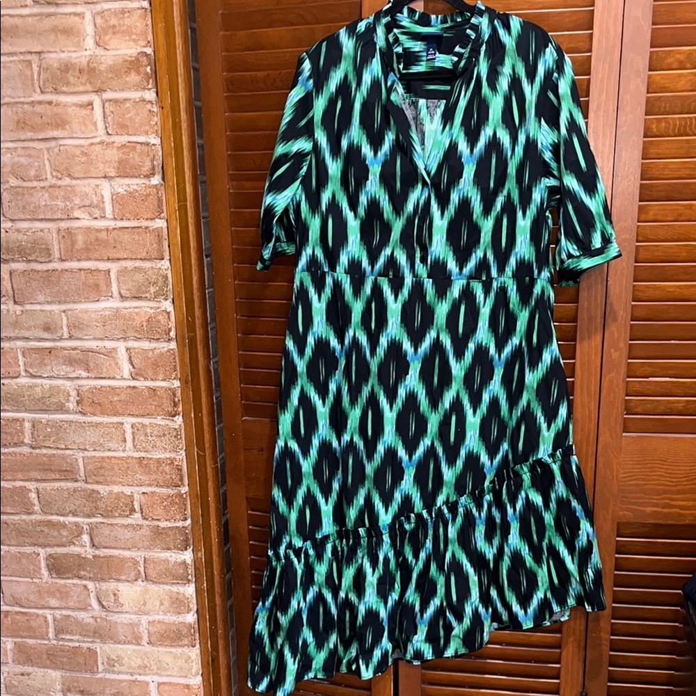 Scoop NYC Blue Green Black Cotton Polplin Popover Dress